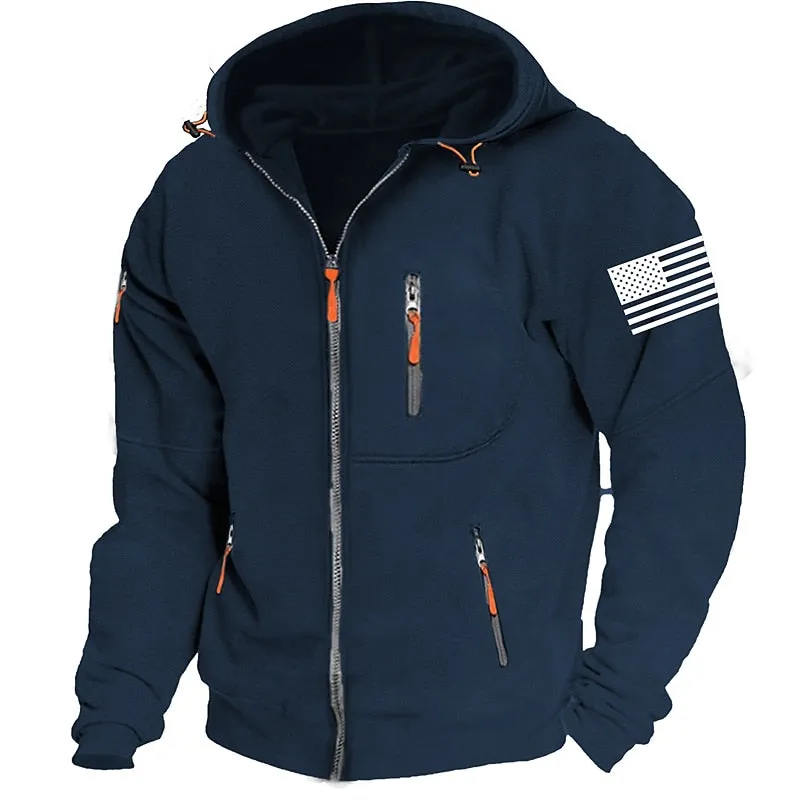 American Flag Hoodie Mens Graphic Tactical Military National Fashion Daily Casual Outerwear Zip Vacation Going Streetwear Hoodies Dark Blue Gray Grey Fleece