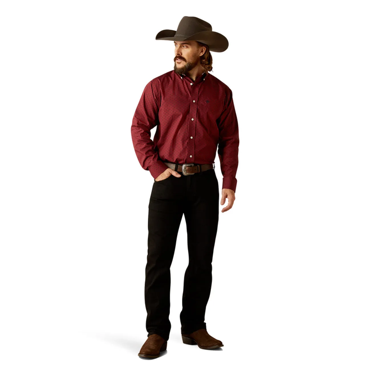 Ariat Men's Wrinkle Free L/S Classic Fit Issac Western Button Down Shirt in Dark Red