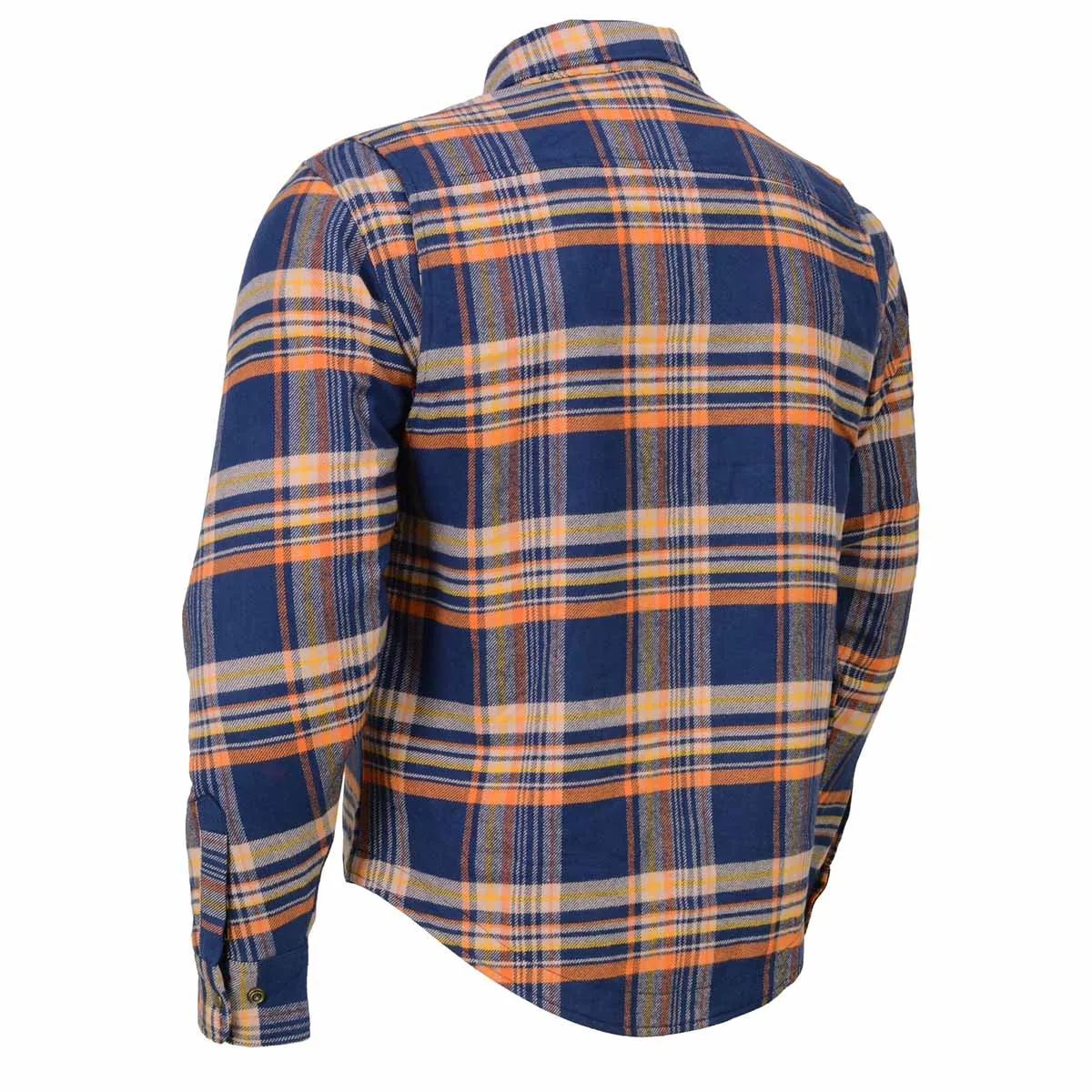 Blue and Orange Flannel Biker Shirt for Men with CE Armor - Reinforced w/ Aramid Fiber