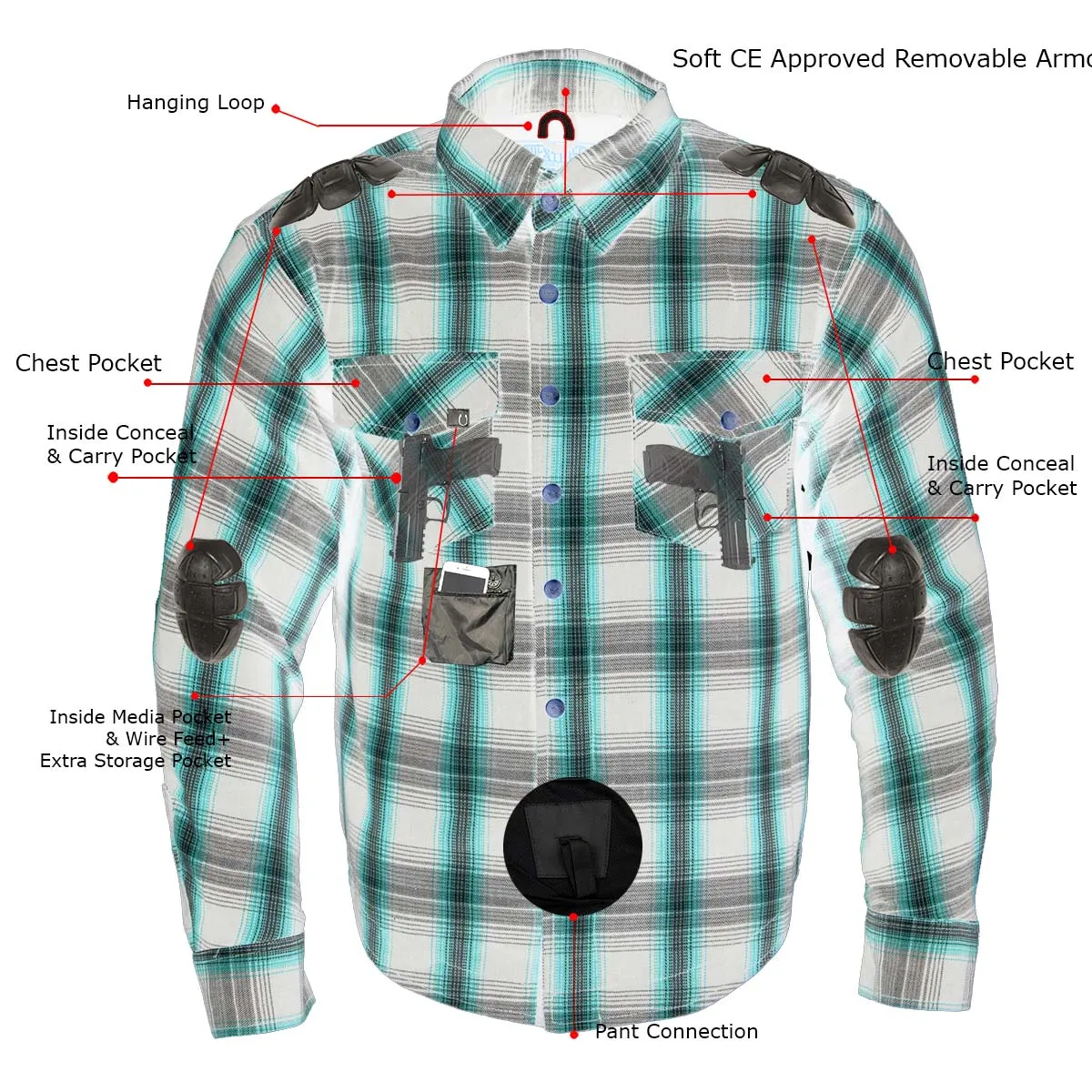 Blue and Orange Flannel Biker Shirt for Men with CE Armor - Reinforced w/ Aramid Fiber