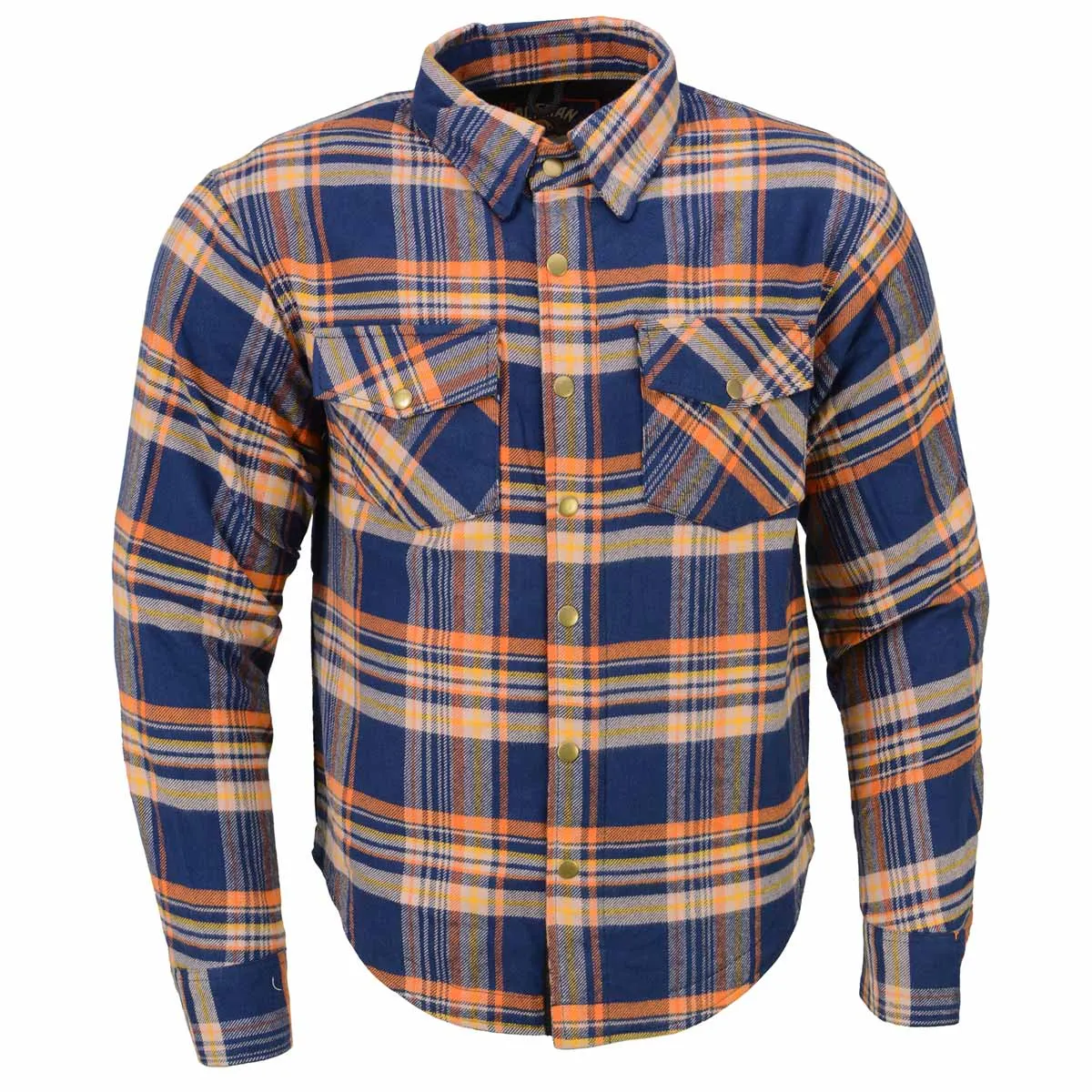 Blue and Orange Flannel Biker Shirt for Men with CE Armor - Reinforced w/ Aramid Fiber