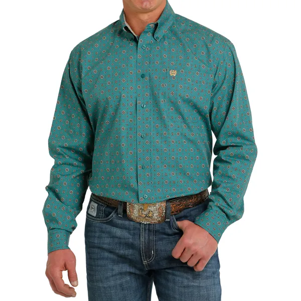 Cinch Men's Teal Geometric Long Sleeve Button Down Shirt