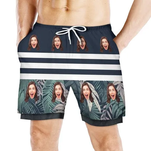 Custom Face 2 in 1 Sport Shorts Plants Men's Personalized Drawstring Above the Knee Beach Shorts