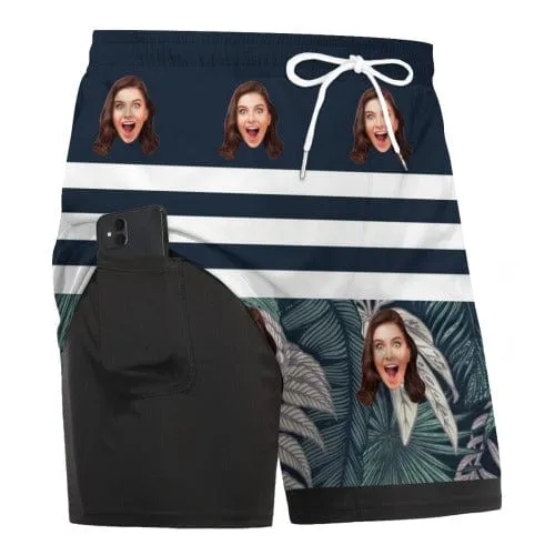 Custom Face 2 in 1 Sport Shorts Plants Men's Personalized Drawstring Above the Knee Beach Shorts