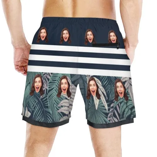 Custom Face 2 in 1 Sport Shorts Plants Men's Personalized Drawstring Above the Knee Beach Shorts