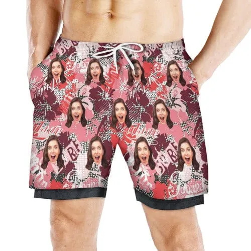 Custom Face 2 in 1 Surfing Shorts Pink Men's Beach Shorts