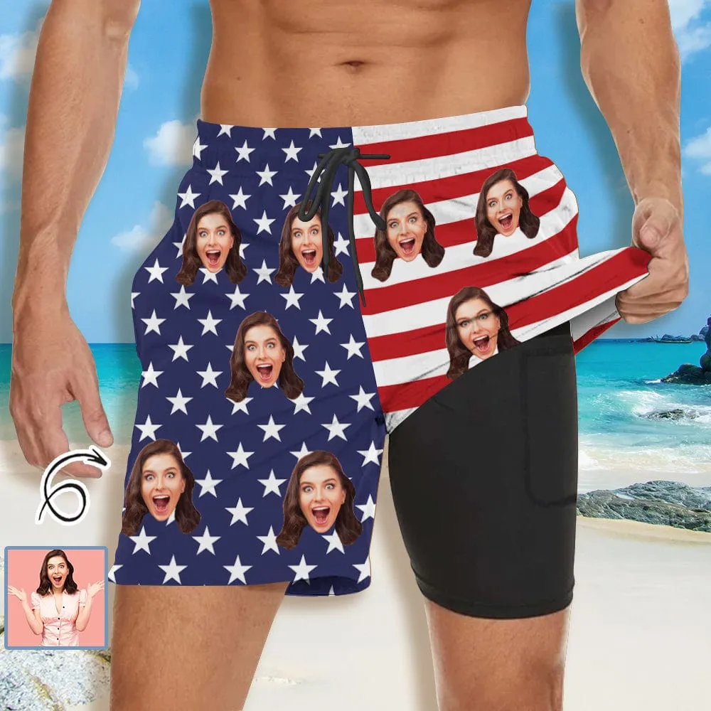 Custom Face American Flag Couple Matching Women's Tankini Sets&Men's Quick Dry 2 in 1 Beach Shorts