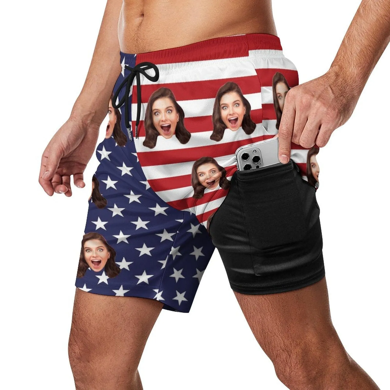 Custom Face American Flag Couple Matching Women's Tankini Sets&Men's Quick Dry 2 in 1 Beach Shorts