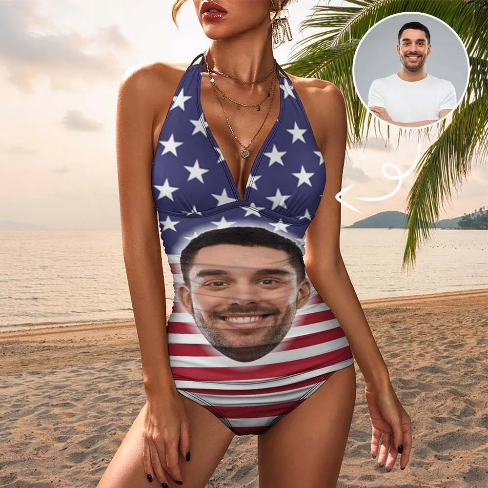 Custom Face American Flag Couple Matching Women's Tankini Sets&Men's Quick Dry 2 in 1 Beach Shorts