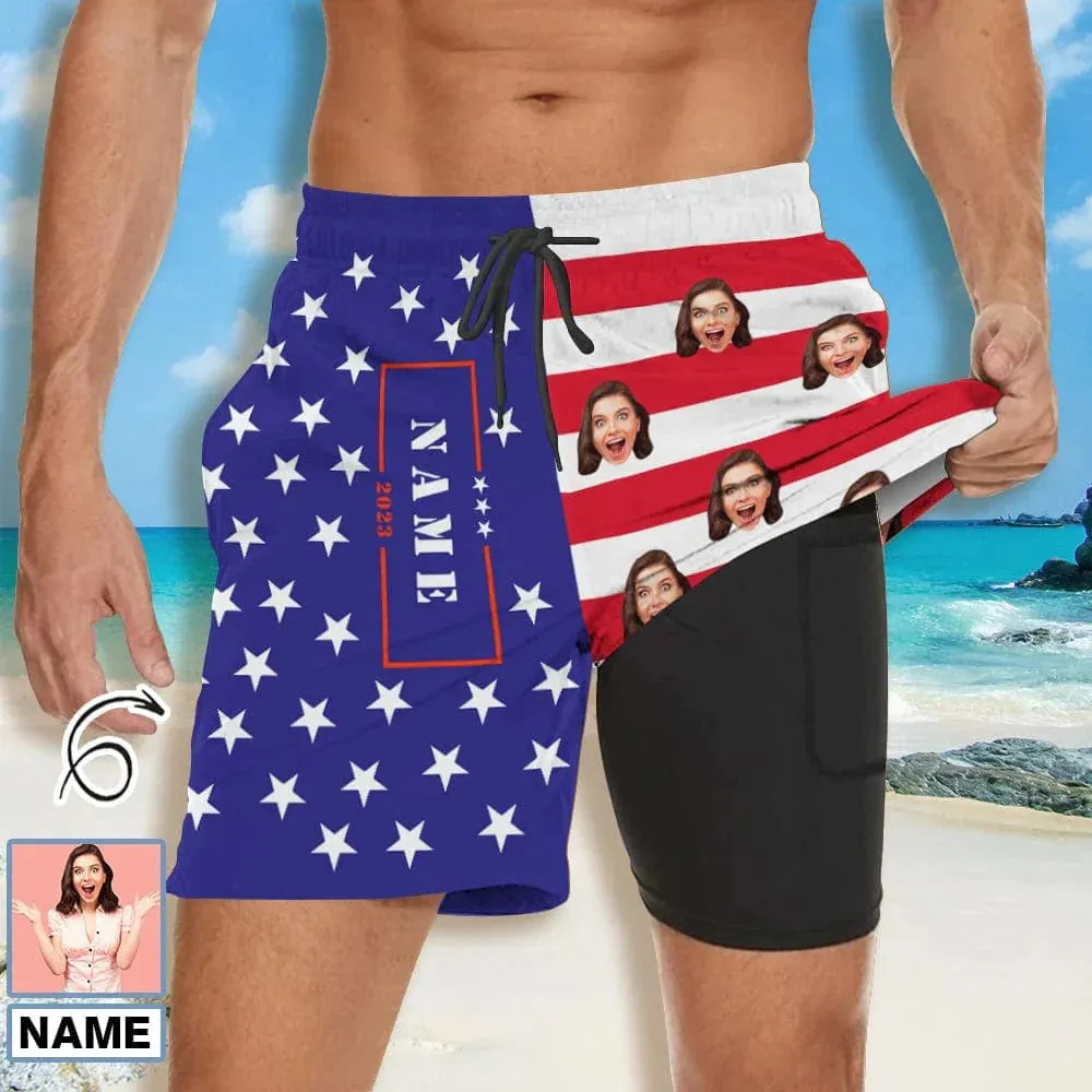 Custom Face American Flag Couple Matching Women's Tankini Sets&Men's Quick Dry 2 in 1 Beach Shorts