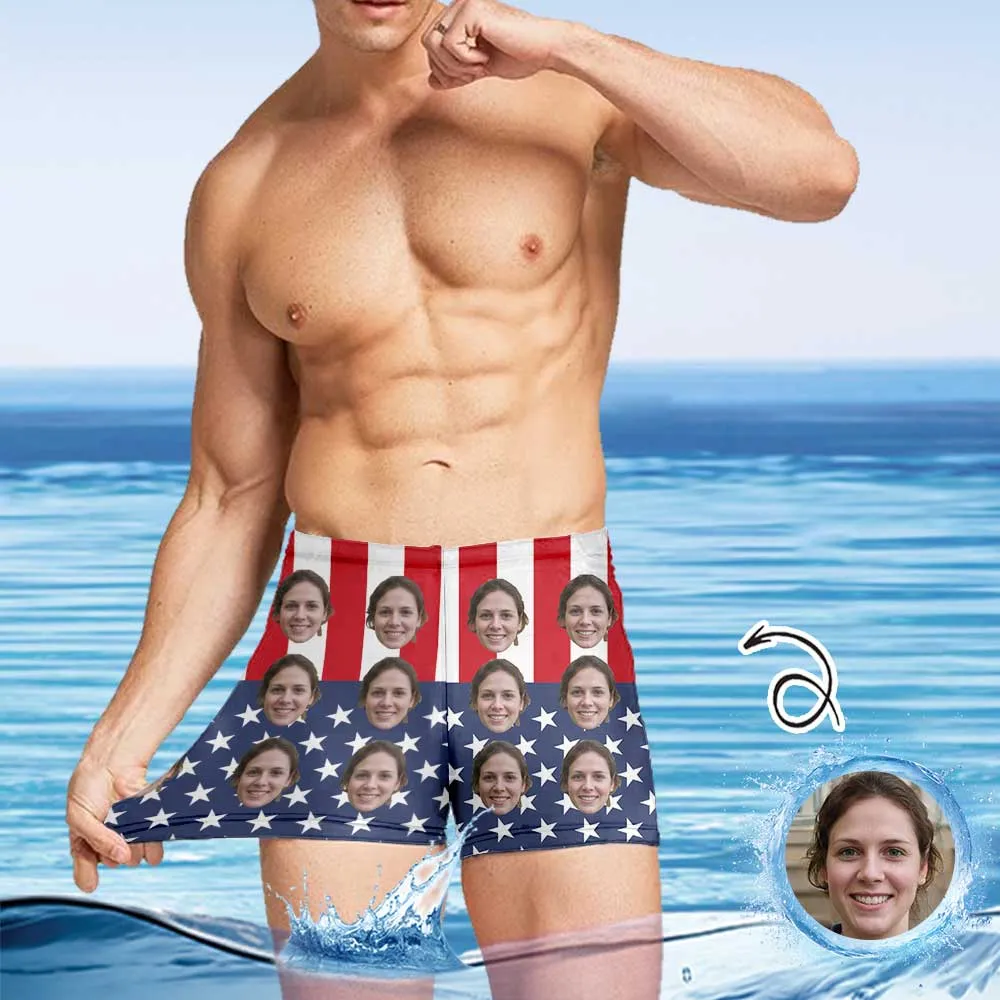 Custom Face American Flag Men's Athletic Swim Jammers Quick Dry Waterproof Compression Square Leg Swim Briefs Swimsuit