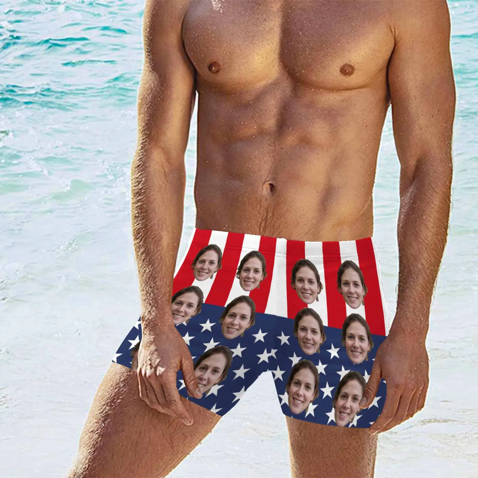 Custom Face American Flag Men's Athletic Swim Jammers Quick Dry Waterproof Compression Square Leg Swim Briefs Swimsuit