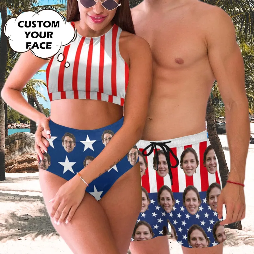 Custom Face American Flag Style Couple Matching Swimsuit High Crew Neck High Waisted Bikini & Swim Shorts Personalized Women's Two Piece Swimsuit Beach Outfits