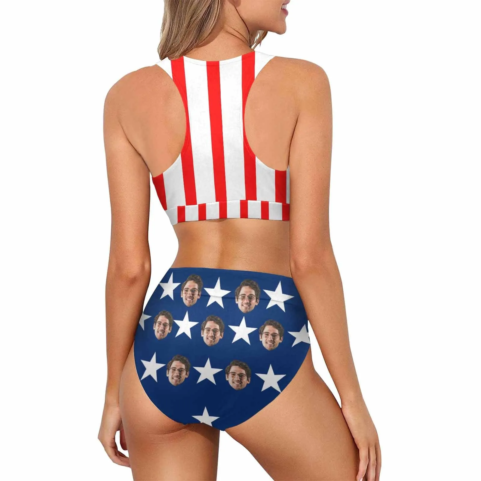 Custom Face American Flag Style Couple Matching Swimsuit High Crew Neck High Waisted Bikini & Swim Shorts Personalized Women's Two Piece Swimsuit Beach Outfits