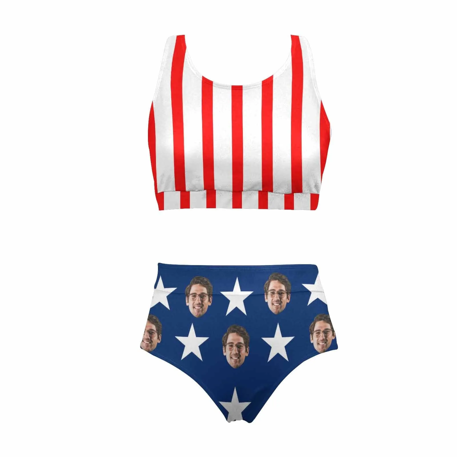 Custom Face American Flag Style Couple Matching Swimsuit High Crew Neck High Waisted Bikini & Swim Shorts Personalized Women's Two Piece Swimsuit Beach Outfits