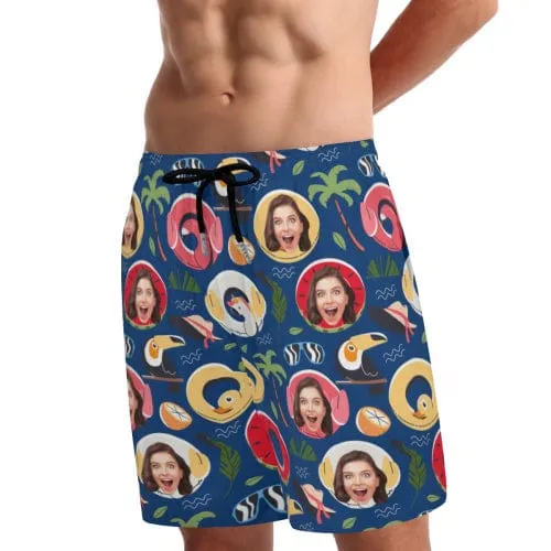 Custom Face Animal Swimming Ring Coconut Tree Men's Quick Dry 2 in 1 Surfing & Beach Shorts Male Gym Fitness Shorts