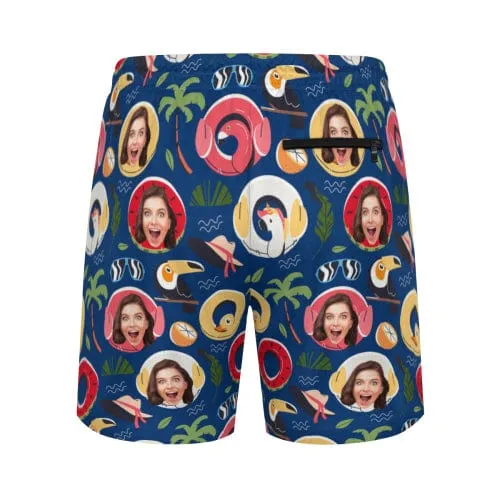 Custom Face Animal Swimming Ring Coconut Tree Men's Quick Dry 2 in 1 Surfing & Beach Shorts Male Gym Fitness Shorts