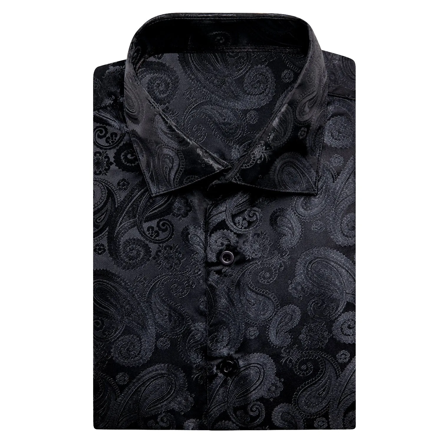 Hi-Tie Mens Summer Top Black Paisley Silk Short Sleeve Button Up Shirt