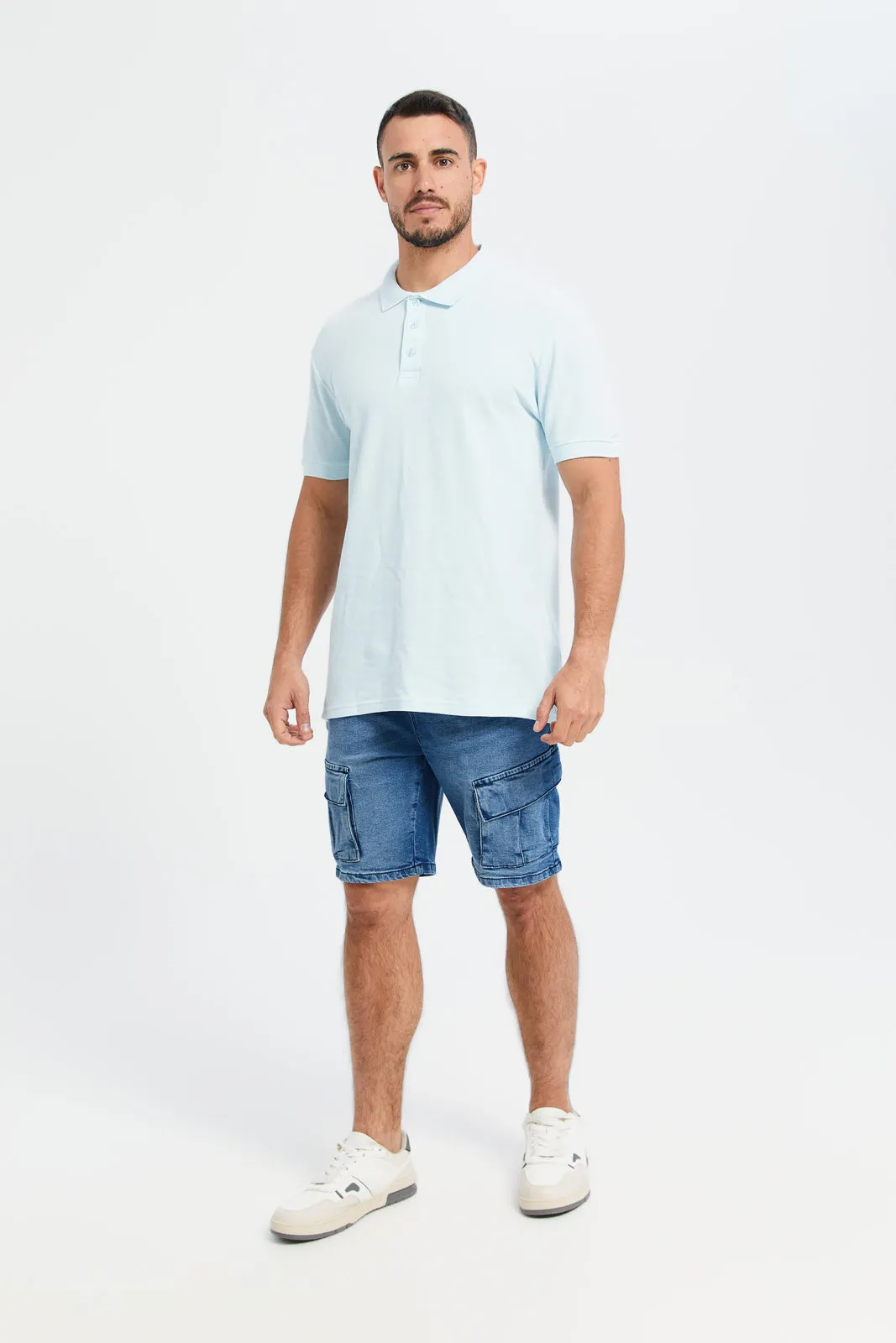 Men Blue Cargo Pockets Pull On Shorts