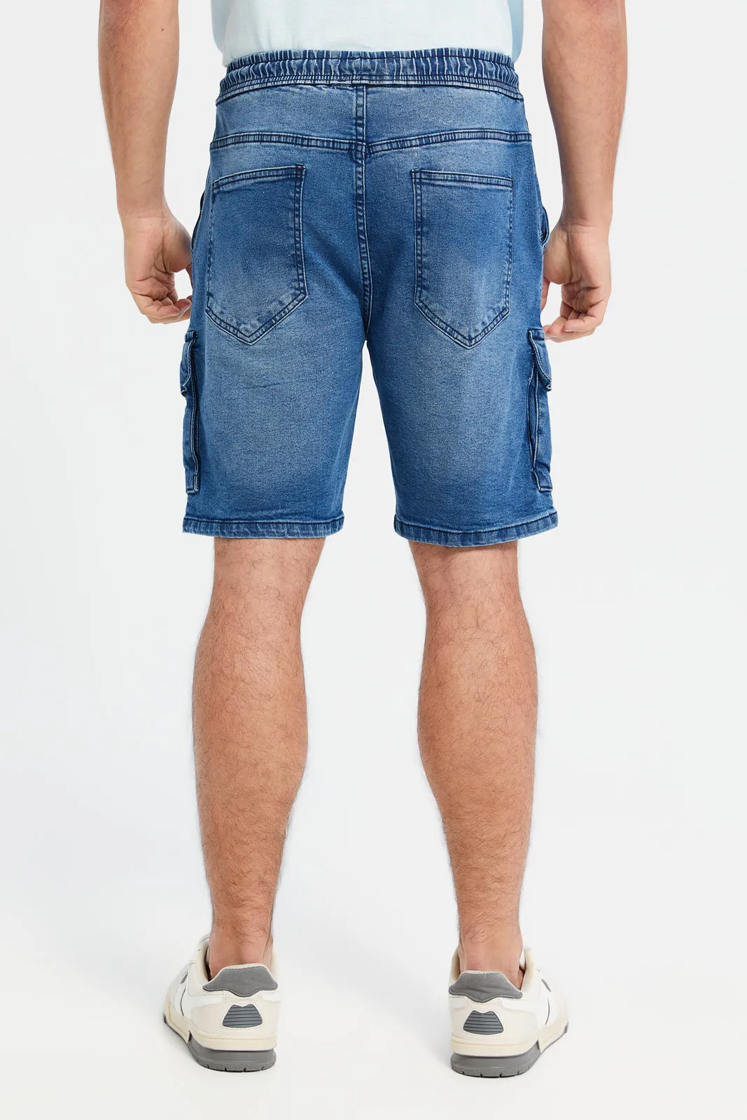 Men Blue Cargo Pockets Pull On Shorts