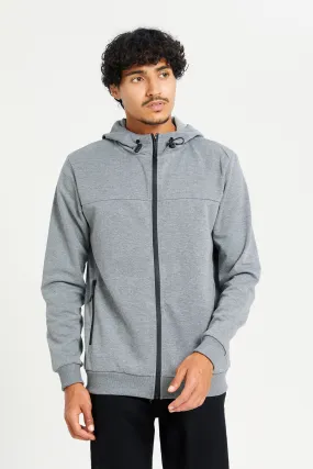 Men Grey Hooded Zip Through Sweatshirt