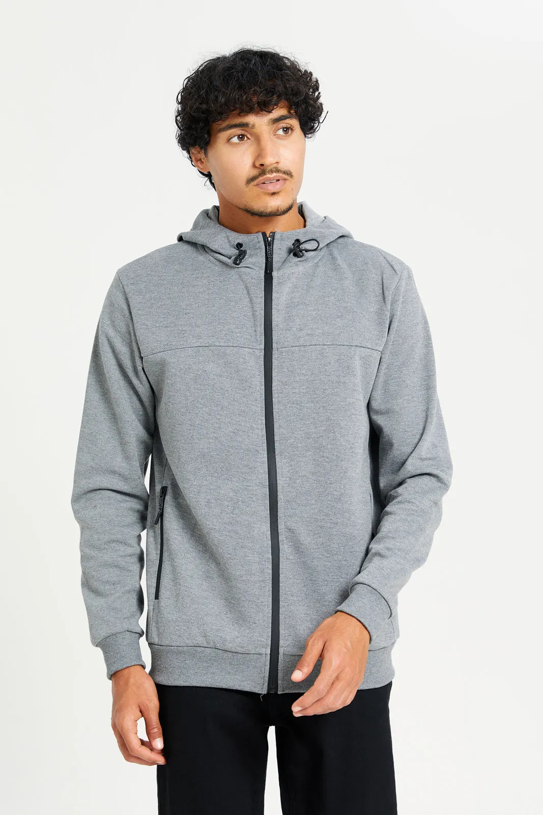 Men Grey Hooded Zip Through Sweatshirt