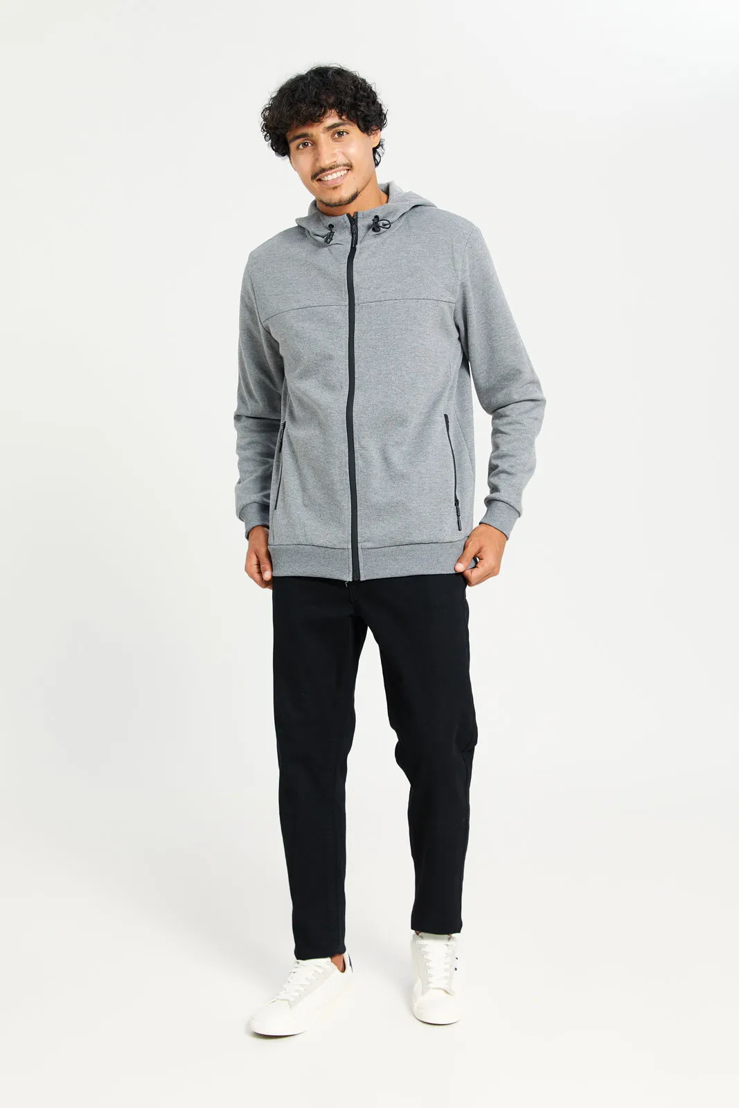 Men Grey Hooded Zip Through Sweatshirt