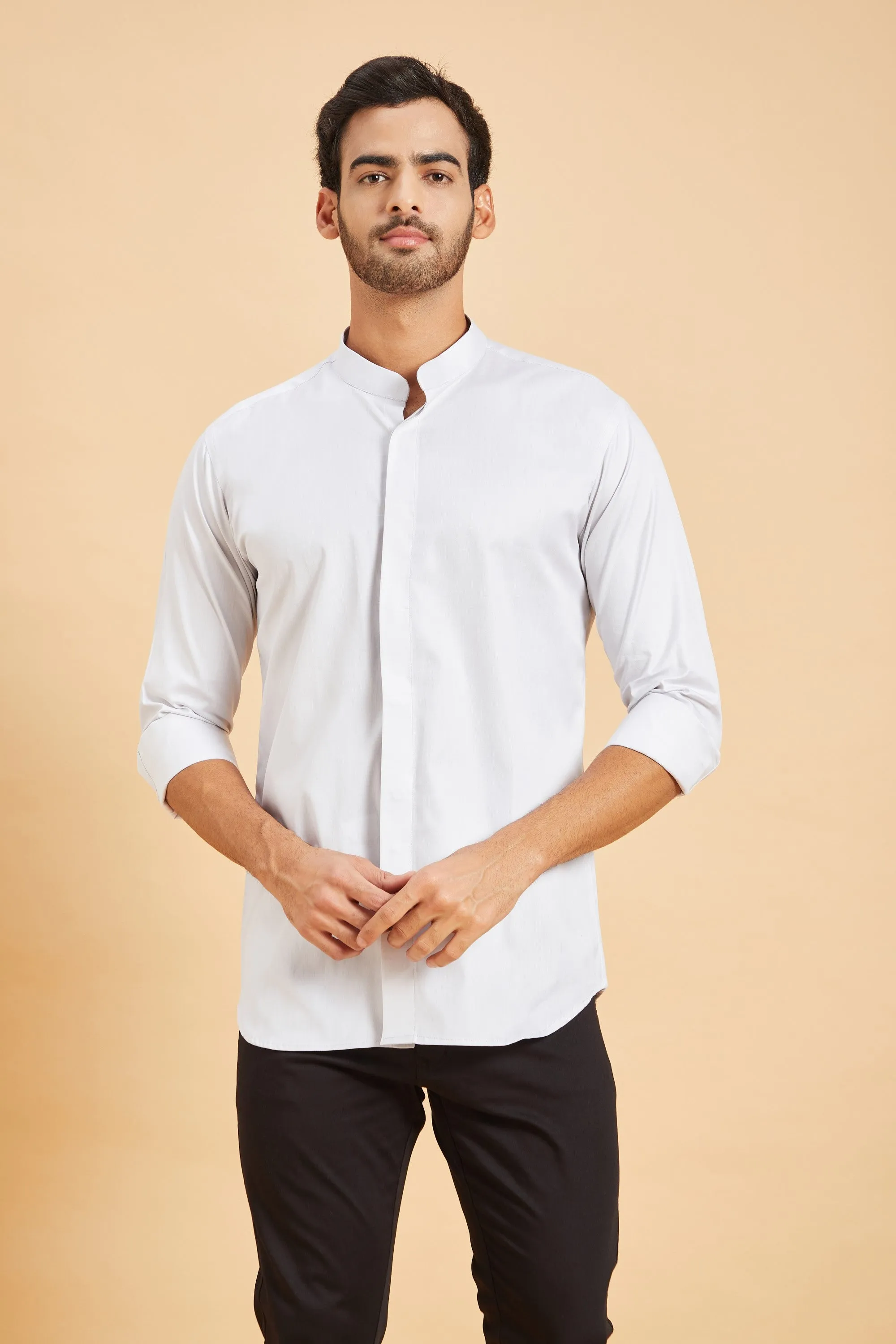 Men's Grey Color Jejune Chinese Collar Shirt Full Sleeves Casual Shirt - Hilo Design