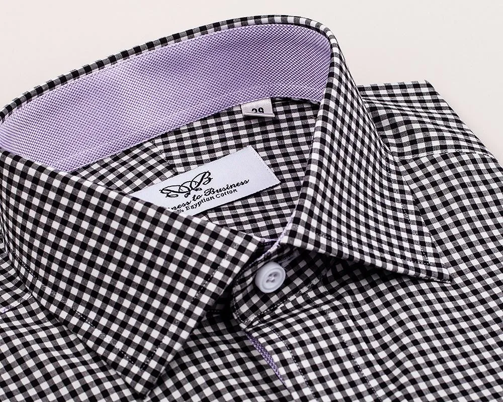 Mini Black Gingham Check Formal Business Dress Shirt Lilac Royal Oxford Fashion