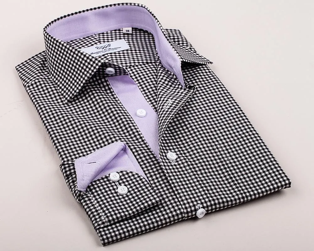 Mini Black Gingham Check Formal Business Dress Shirt Lilac Royal Oxford Fashion