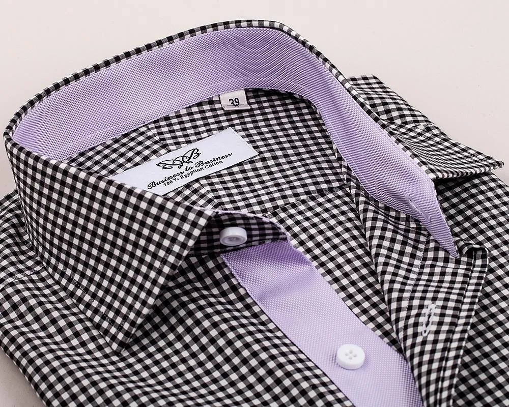 Mini Black Gingham Check Formal Business Dress Shirt Lilac Royal Oxford Fashion