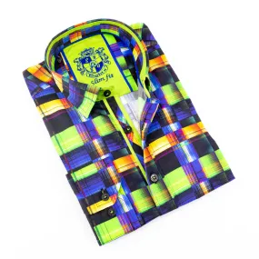 Multi Color Modern Button Down Shirt W/Lime Trim