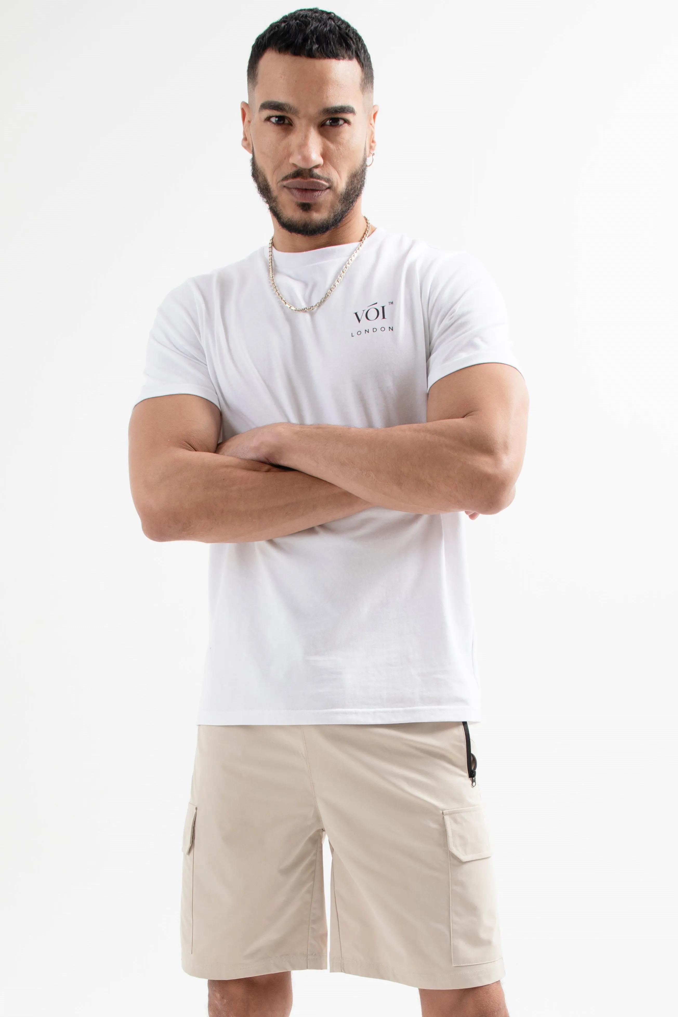 Tech Woven Cargo Shorts & T-Shirt Set- White / Stone